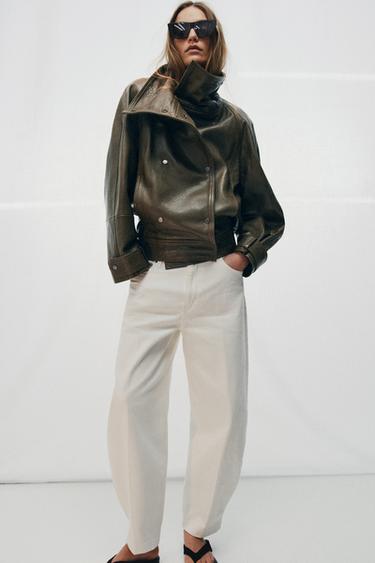 جاكيت جلد قياس كبير ZW COLLECTION إصدار محدود - أخضر وسط by Zara