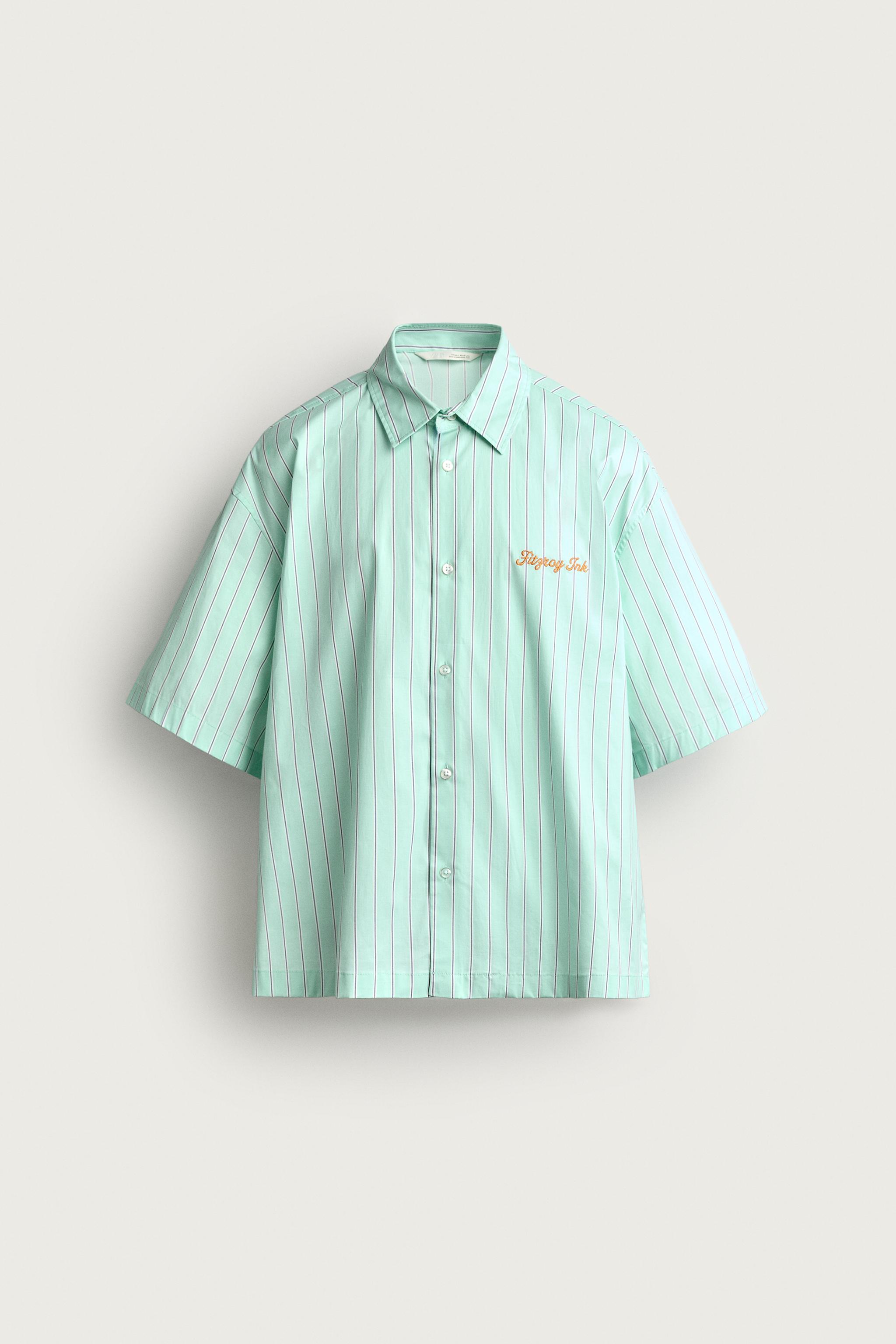 STRIPED EMBROIDERED BOXY FIT SHIRT — Green