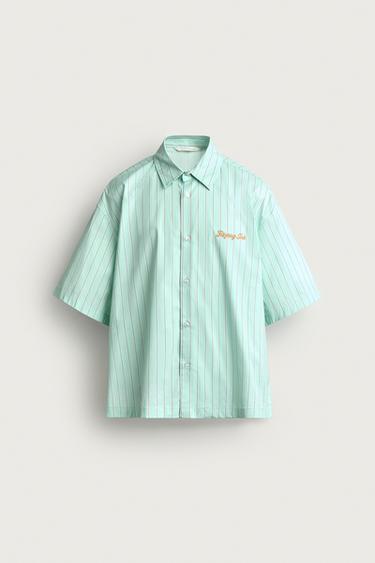 Zara STRIPED EMBROIDERED BOXY SHIRT - Green