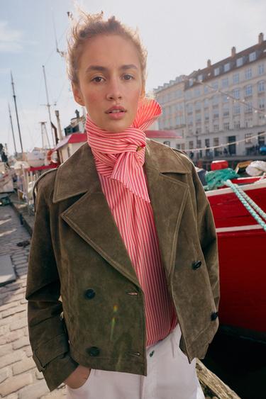 CROPPED DOUBLE-BREASTED 100% LEATHER TRENCH COAT - Dark khaki by Zara - Image 2