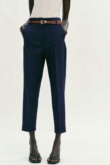 Zara HIGH-WAISTED BELTED PANTS - Navy blue