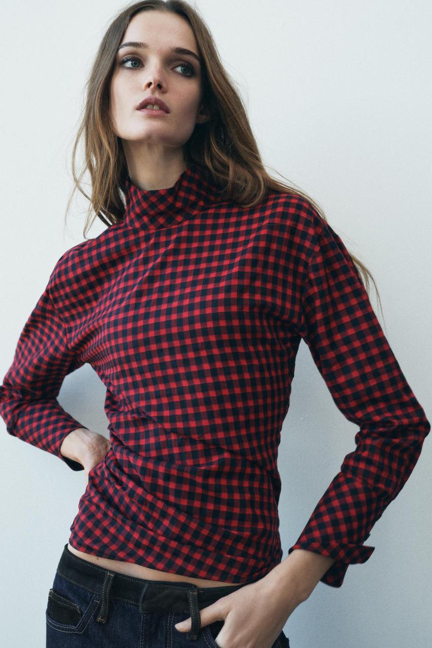 フリルチェック柄ブラウス ZW COLLECTION - レッド/ブラック | ZARA 