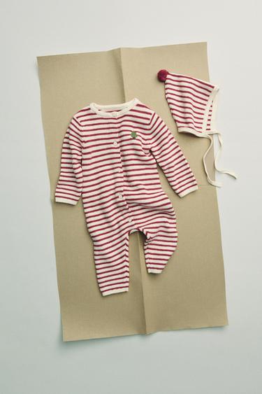 Zara EMBROIDERED TREE STRIPED KNIT AND BONNET SET - Yellow