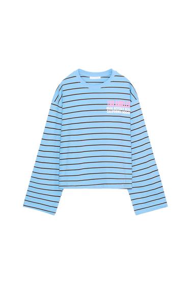 STRIPED T-SHIRT WITH SLOGAN - Blue by Zara