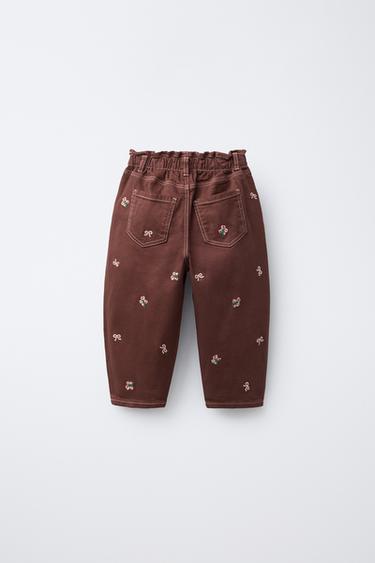 PANTALON BAGGY SERGÉ FLEURS BRODÉES - Grenat de Zara - Image 1