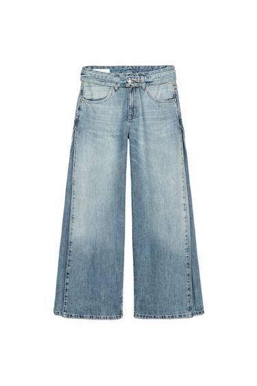 Zara TRF MID-RISE PLEATED BELTED JEANS - Light blue