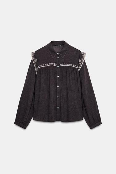 Zara EMBROIDERED BLOUSE - Dark eggplant