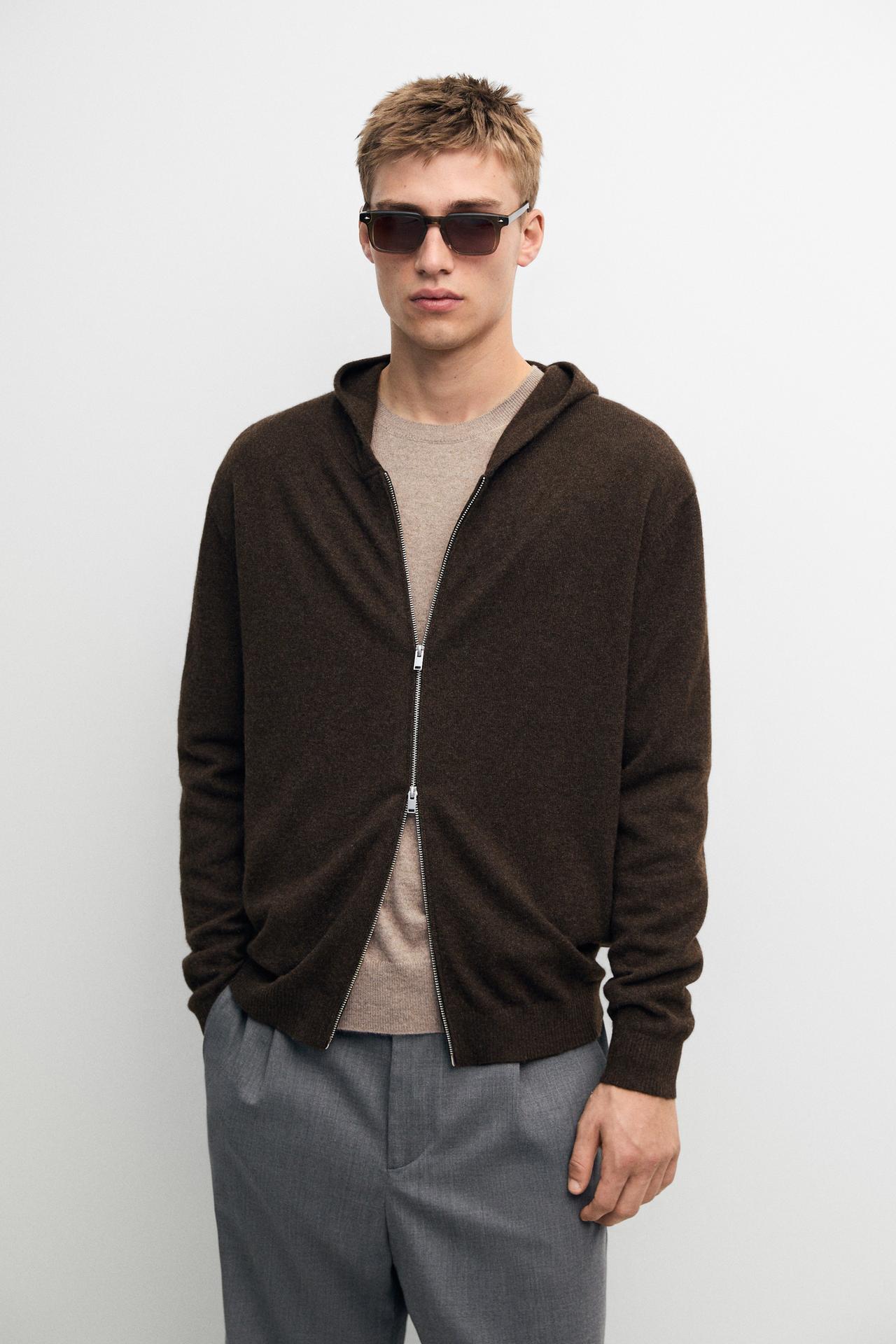 100% cashmere knit cardigan with hood — Brown marl