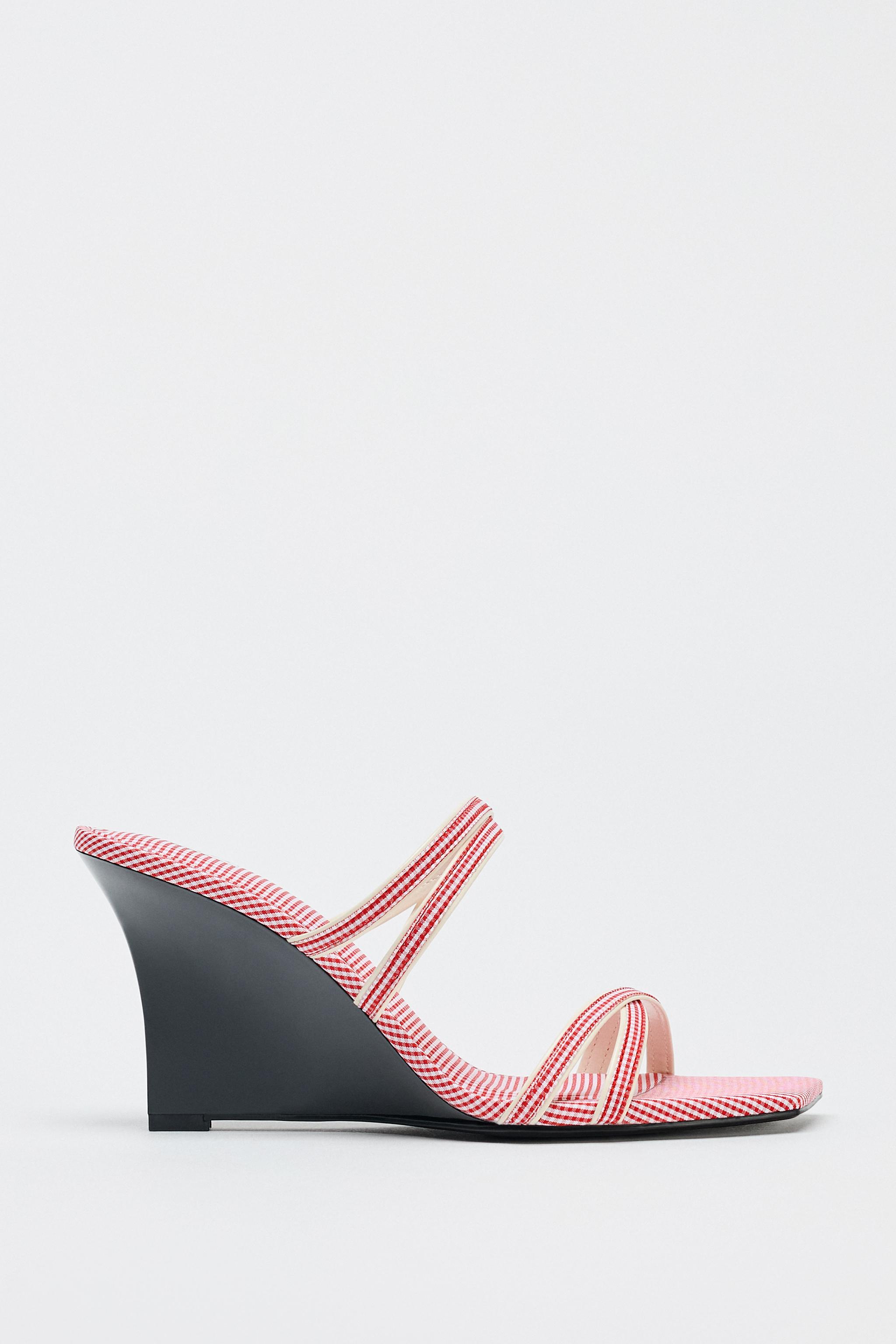 ZARA チェック柄ストラップ付きウェッジソール 3300/610 PLAID STRAP WEDGES - Red | ZARA United States