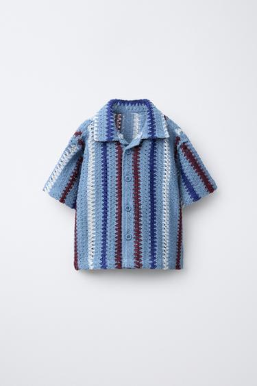 STRIPED CROCHET KNIT SHIRT - Light blue by Zara