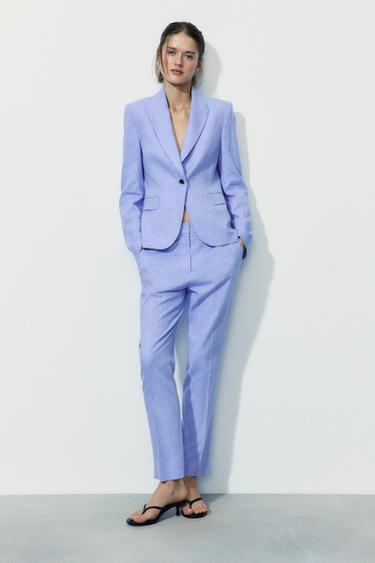 Zara LINEN BLEND SINGLE BUTTON BLAZER - Light blue
