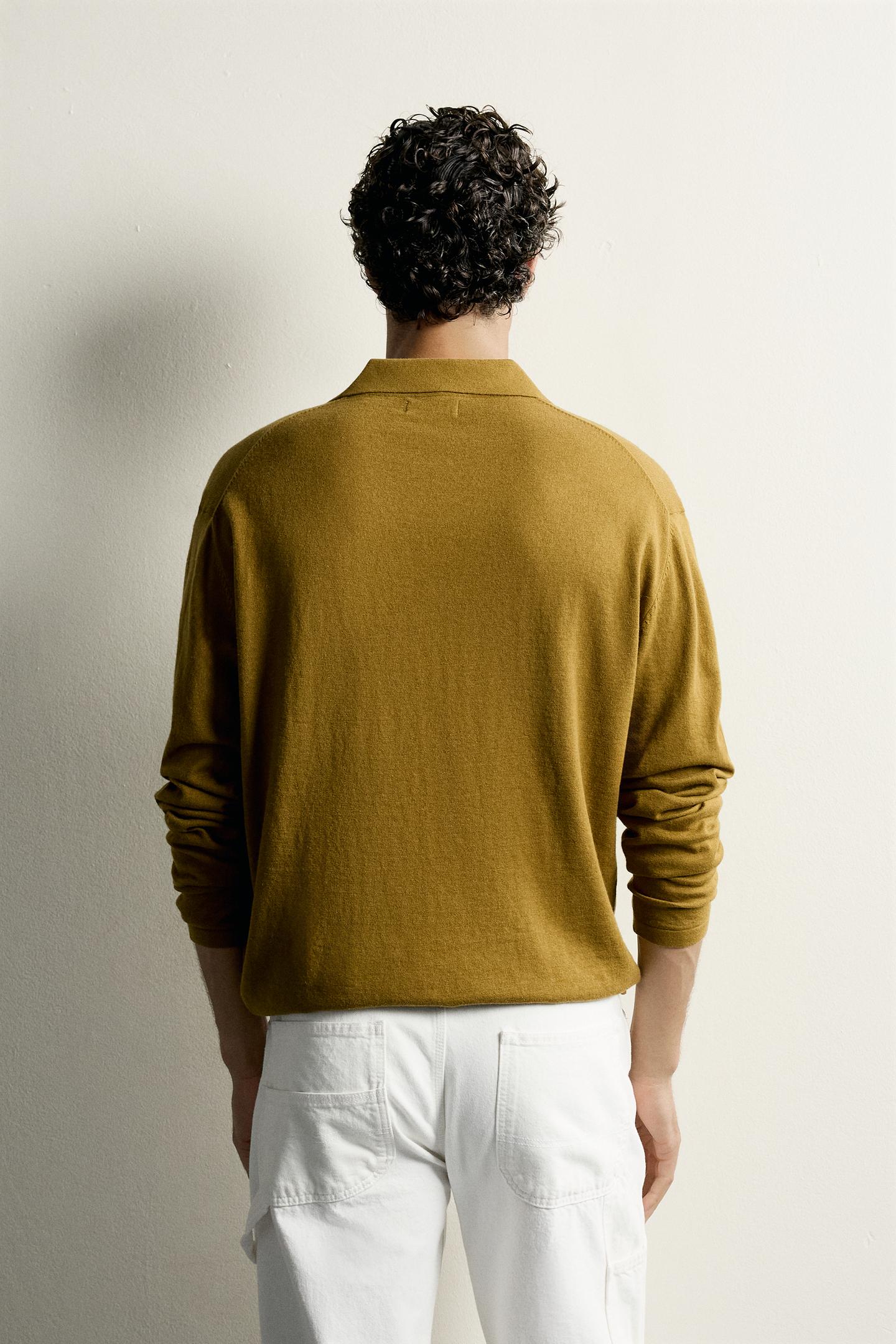 Мужское поло Zara Cotton-Cashmere Knit Polo, цвет: Горчичный — фото 3