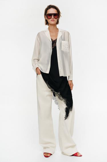CHEMISE BRODÉE À POCHE ZW COLLECTION - Blanc cassé de Zara