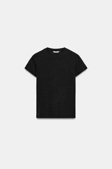 LINEN BLEND SHORT SLEEVE T-SHIRT - Charcoal by Zara