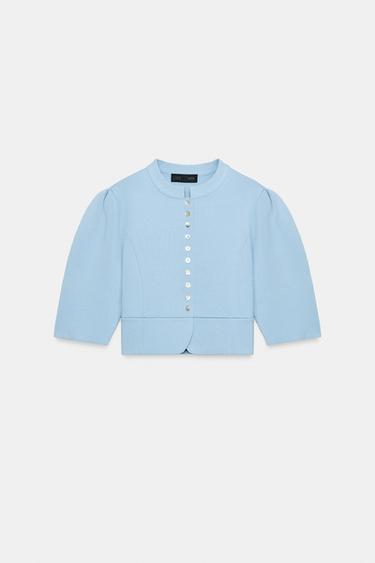 CHAQUETA PUNTO MANGA ABULLONADA - Azul pastel de Zara