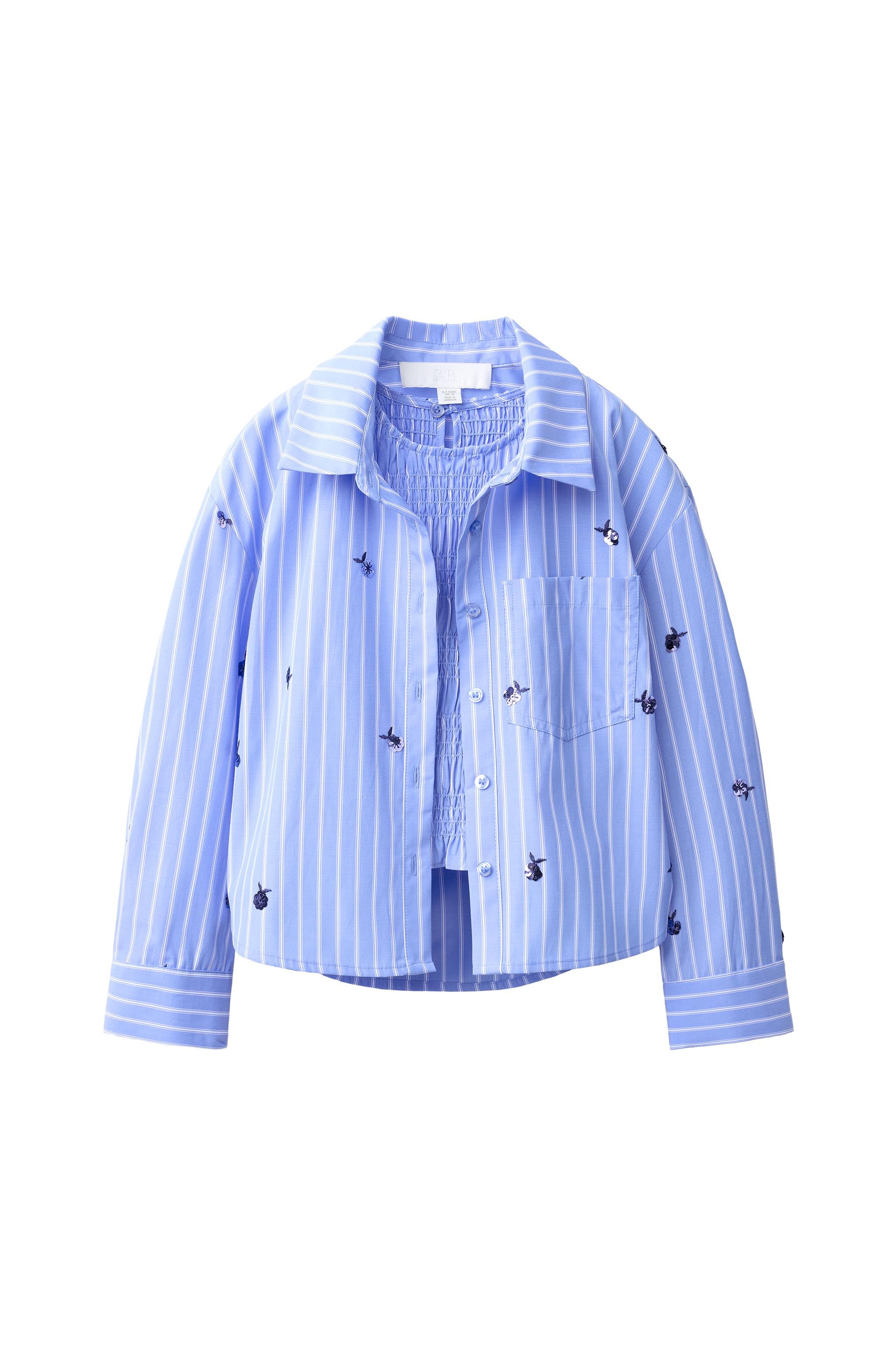 STRIPED SHIRT AND GATHERED TOP SET WITH SEQUIN APPLIQUÉ - Blue