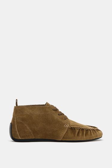 Zara RUCHED SPLIT LEATHER ANKLE BOOTS - Olive Green