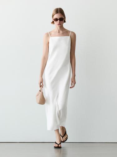 Zara Linen midi dress with straight neckline - White