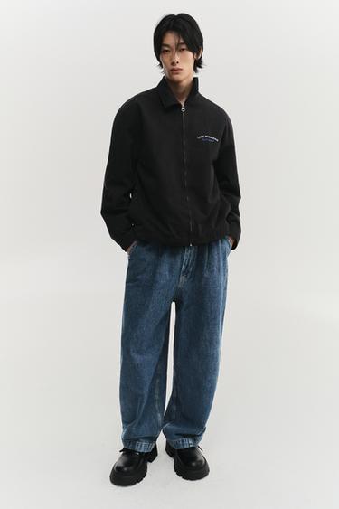 Zara 丹寧斜紋寬管打褶長褲 - 中藍色