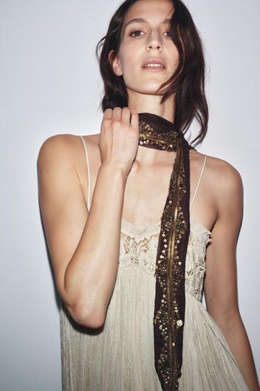 Zara BEADED SEQUIN SCARF - Brown