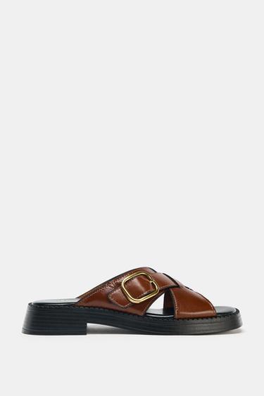 LEATHER CROSSOVER SANDALS WITH BUCKLE - Brown by Zara - Image 1