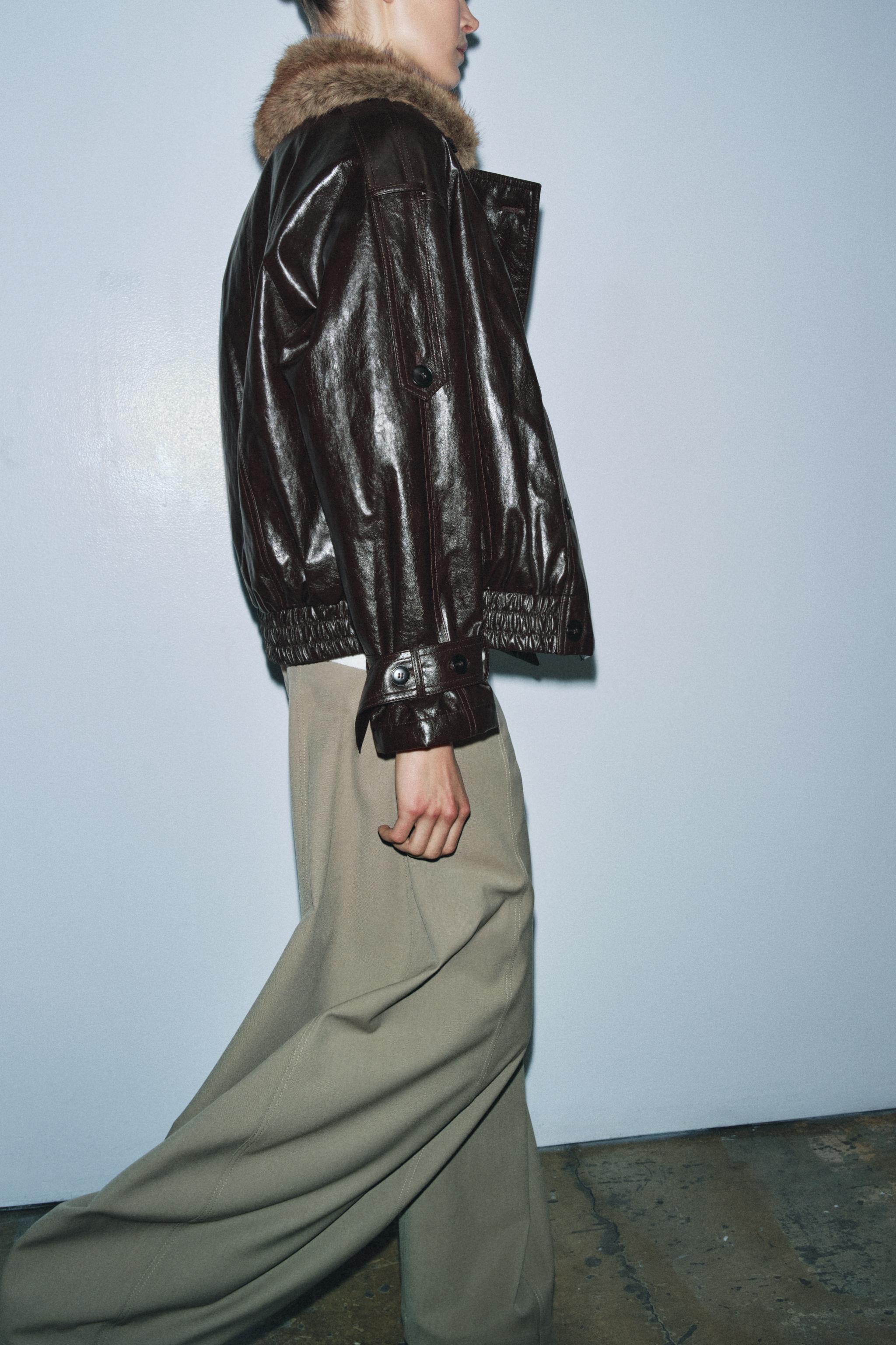 ZW COLLECTION シャイニーフェイクファーネックジャケット - ブラウン