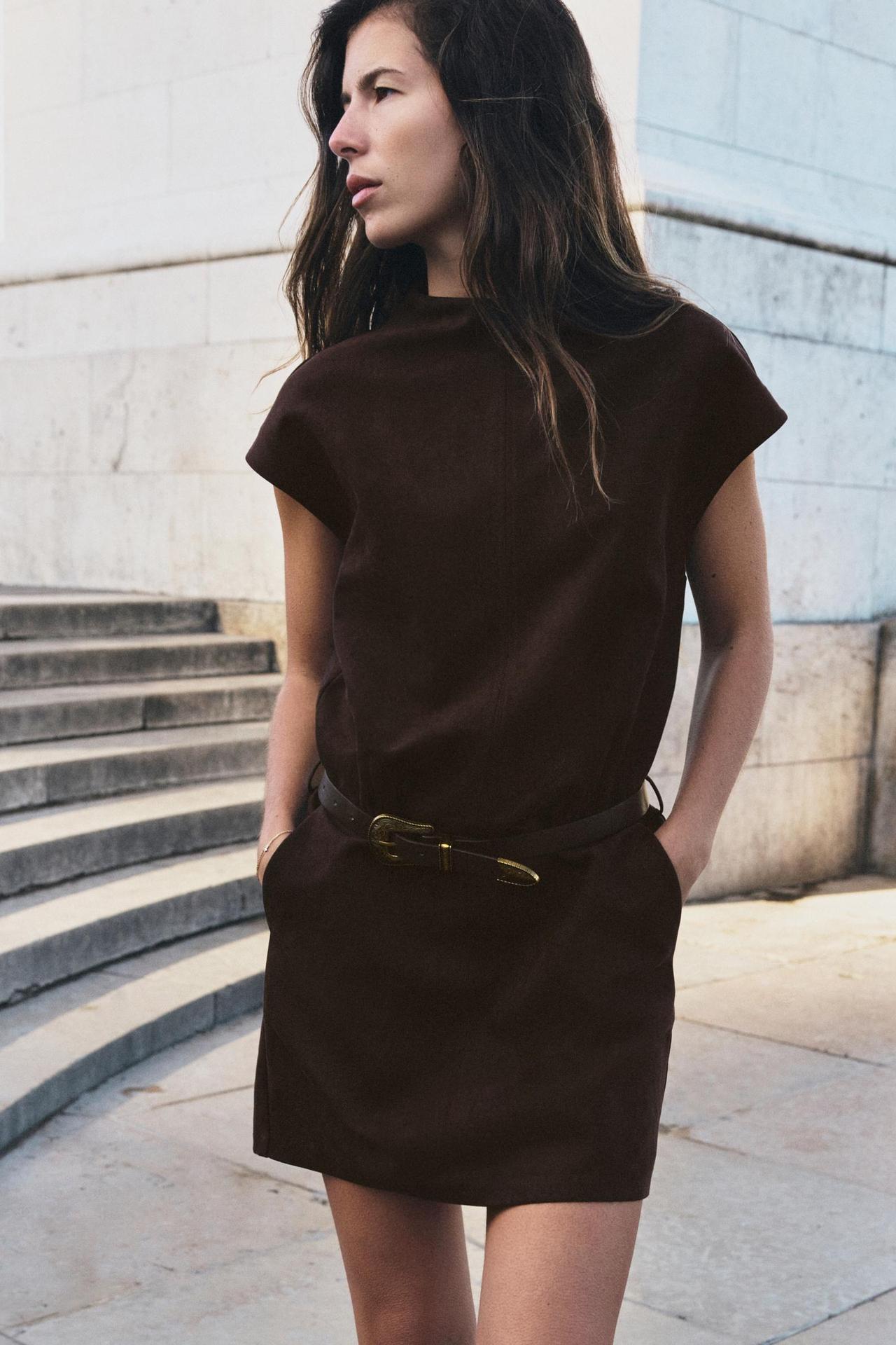 BELTED SUEDE-EFFECT MINI DRESS — Dark brown