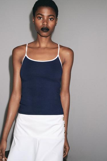 T-SHIRT WITH CONTRAST TRIM - Navy blue by Zara