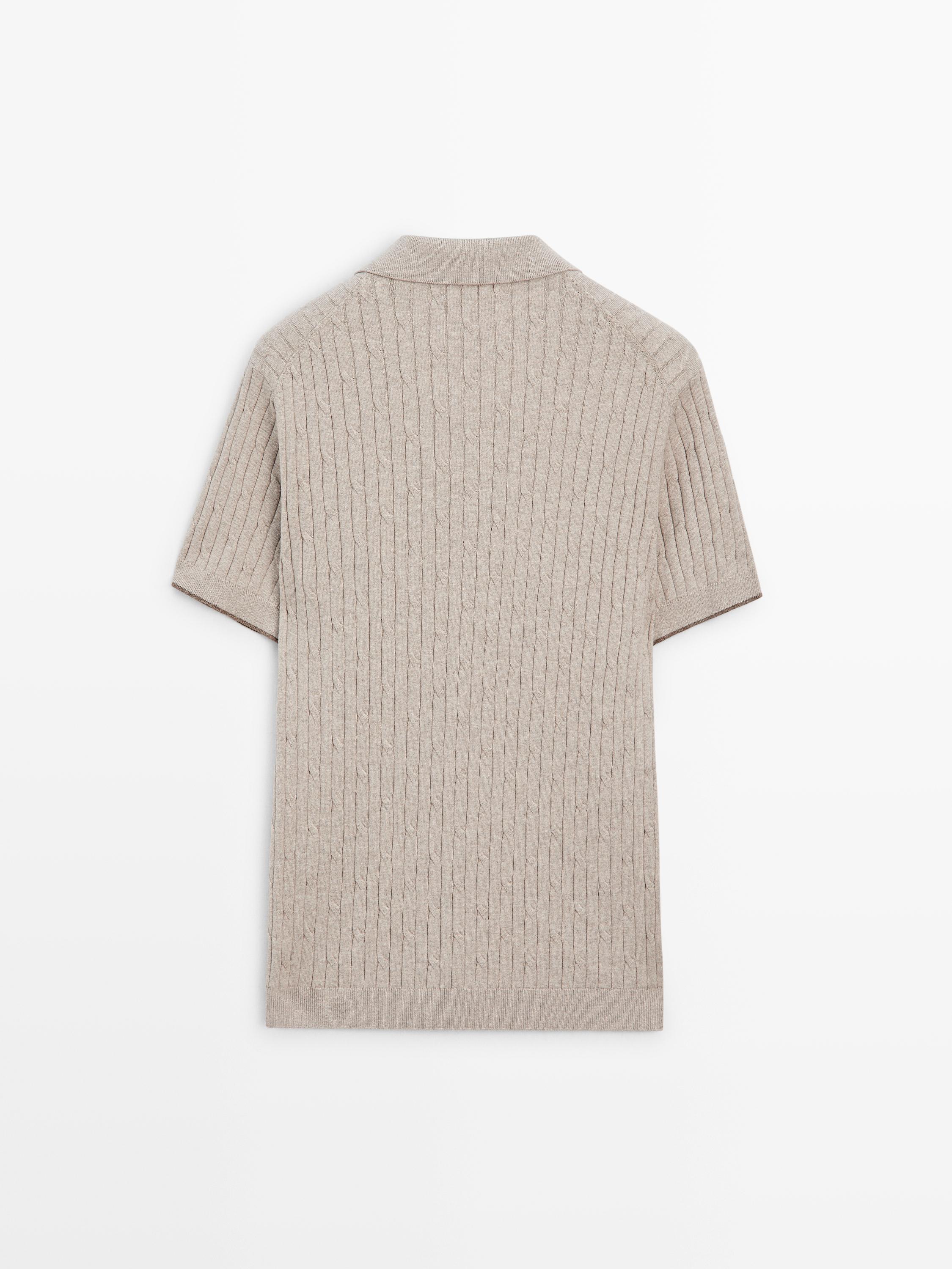 Cotton blend cable-knit polo sweater