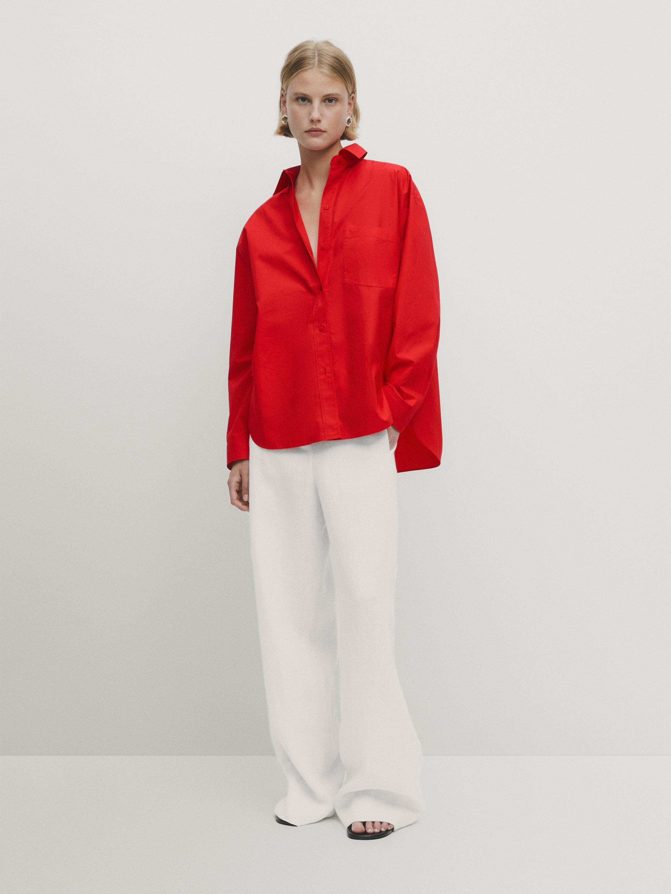 100% cotton poplin shirt with pocket - Red | ZARA United States