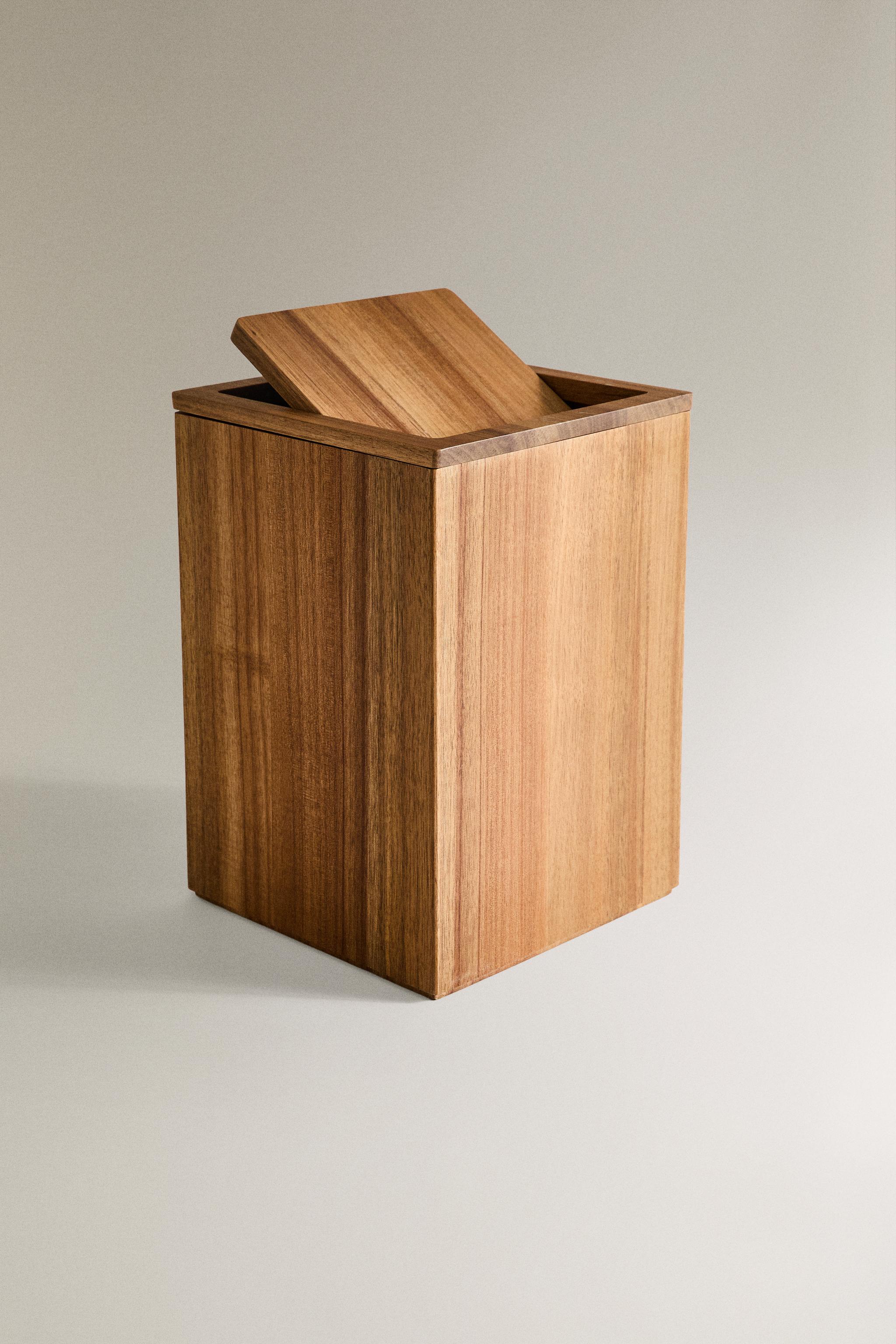 LARGE WOODEN SQUARE BATHROOM TRASH CAN