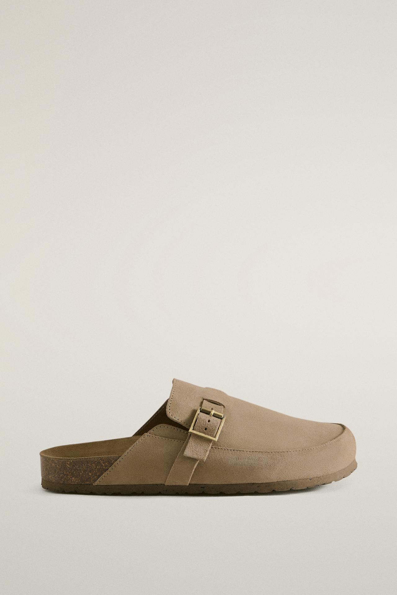 LEATHER MULE CLOG SLIPPERS WITH BUCKLE — Brown