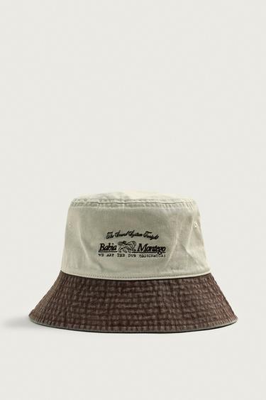 Zara CONTRAST EMBROIDERED WASHED BUCKET HAT - Ecru