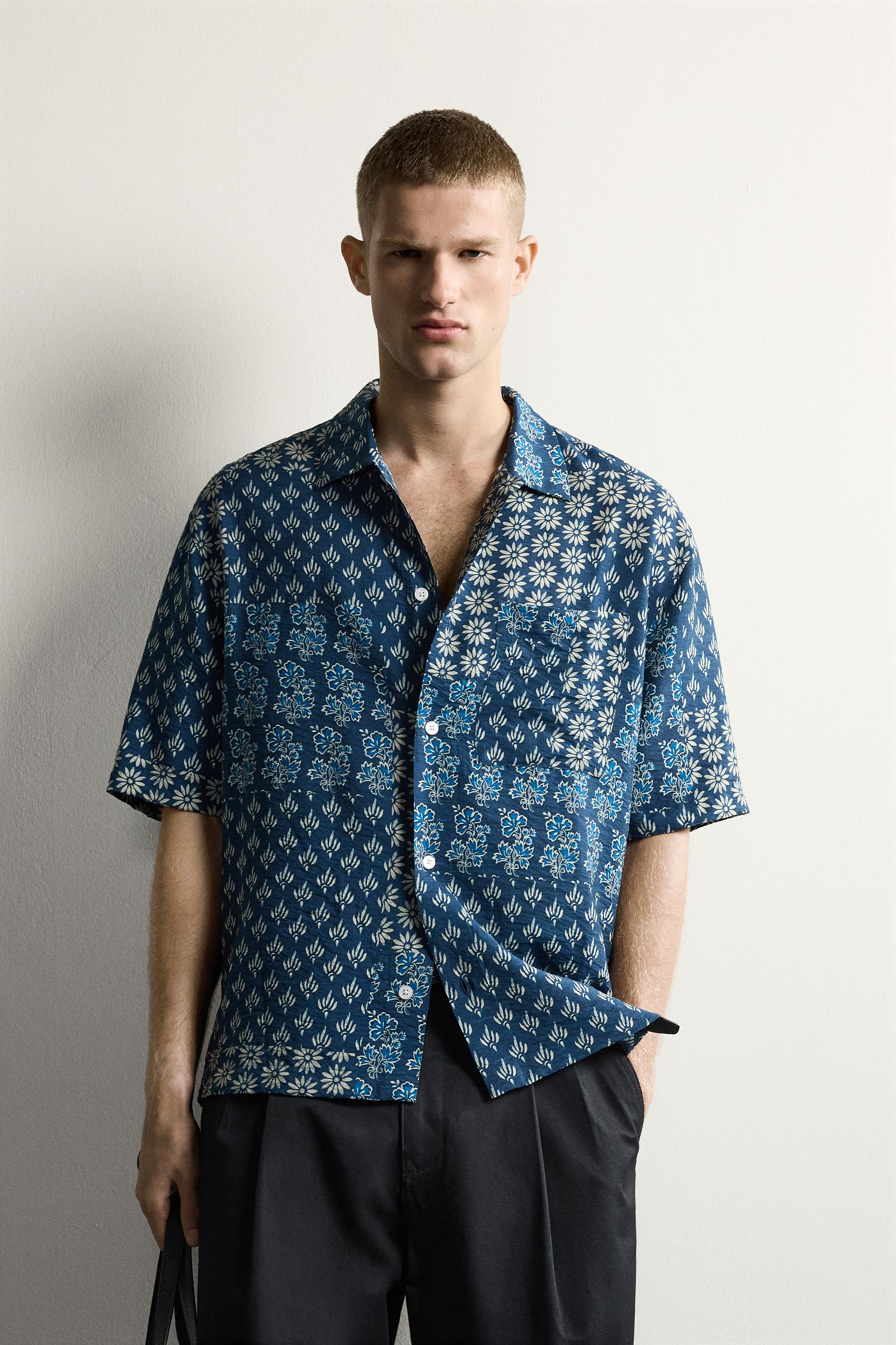 PATCHWORK PRINT RELAXED FIT SHIRT — Ink blue