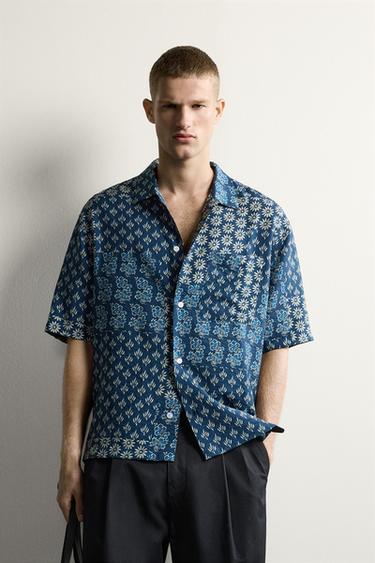 CHEMISE RELAXED FIT À IMPRIMÉ PATCHWORK - Bleu encre de Zara