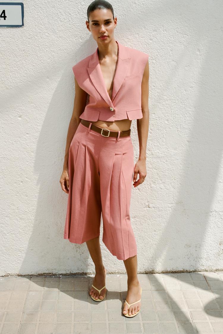 LINEN BELTED LONG BERMUDA SHORTS MARSALA ZARA United States