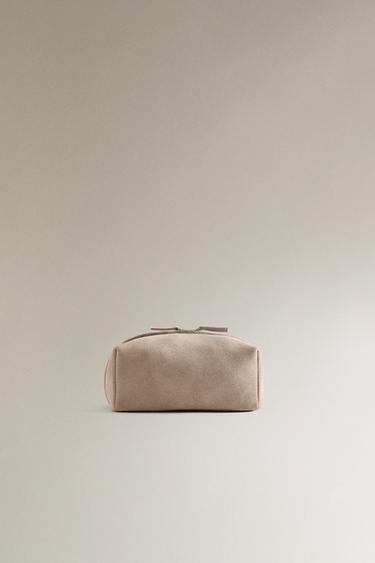 Zara MEDIUM SPLIT SUEDE MAKEUP BAG - Off White