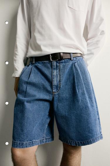 PLEATED REGULAR FIT DENIM BERMUDA SHORTS - Mid-blue by Zara