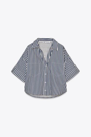 CROPPED LINEN BLEND SHIRT - Blue/White by Zara