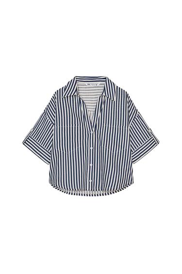 CROPPED LINEN BLEND SHIRT - Blue/White by Zara