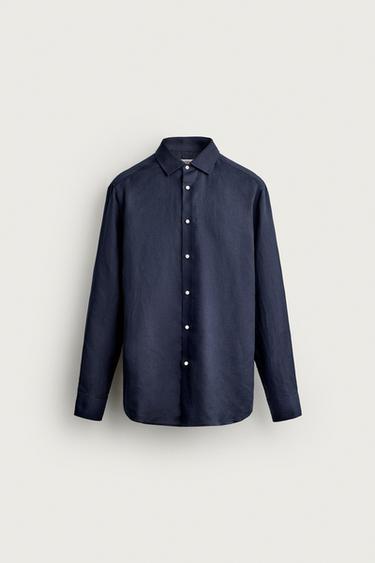 REGULAR FIT OVERHEMD VAN LINNEN EN LYOCELL - Marineblauw van Zara