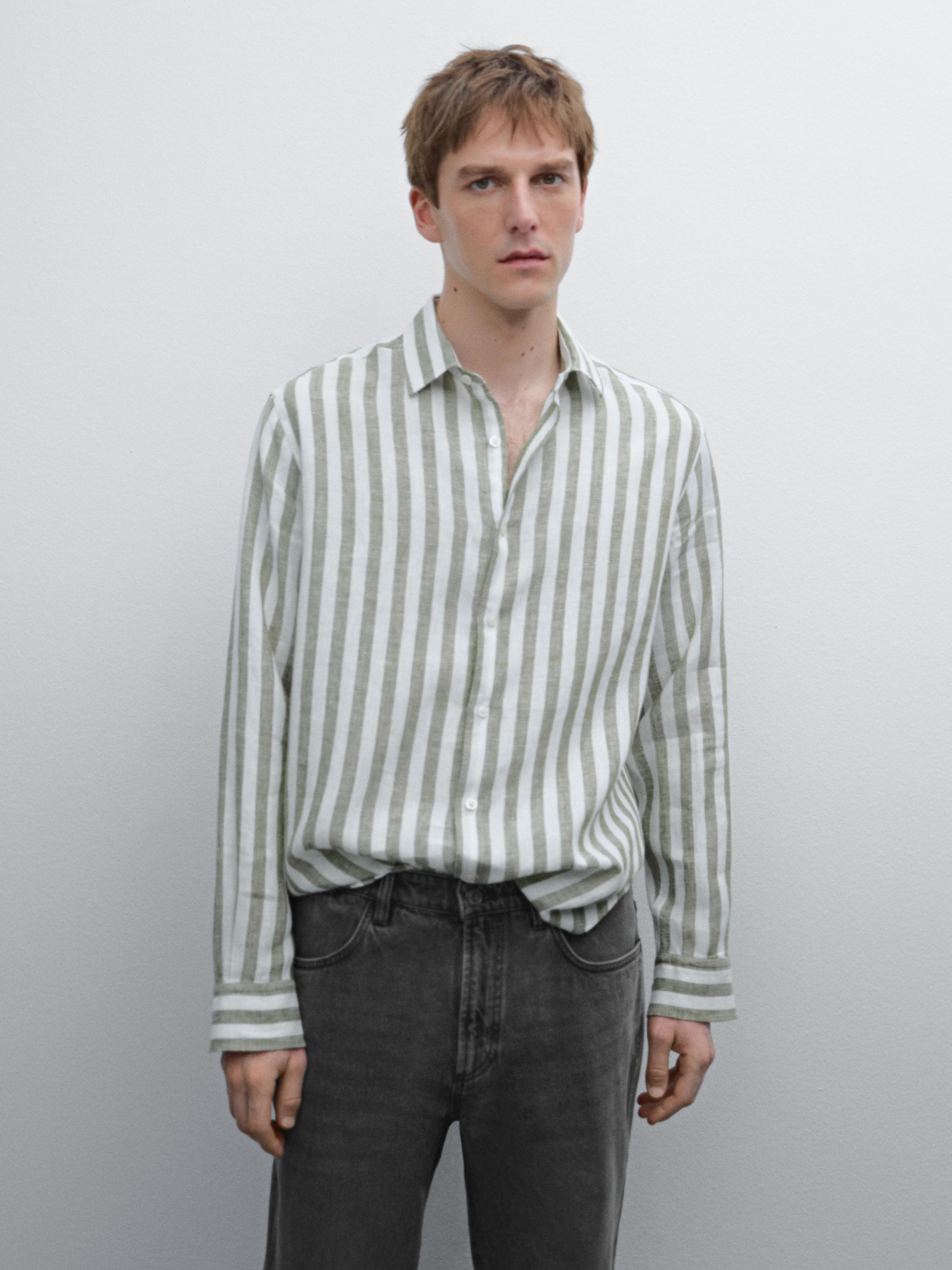 100% linen double stripe shirt - Mid-green | ZARA United States