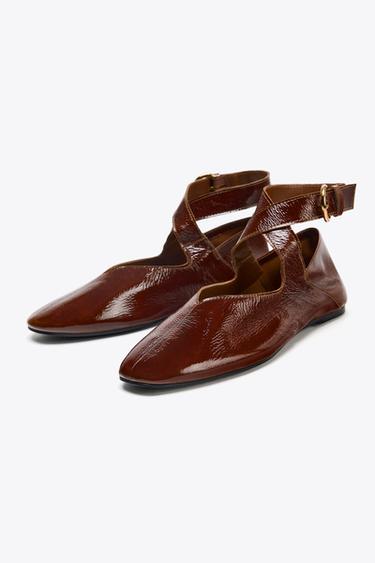 PATENT-EFFECT BALLET FLATS WITH BUCKLE - Brown by Zara - Image 1