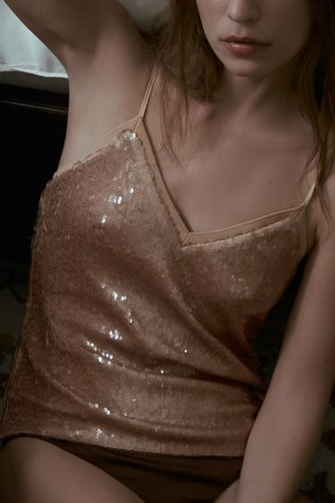 TOP À BRETELLES PAILLETTES - Rose pastel de Zara