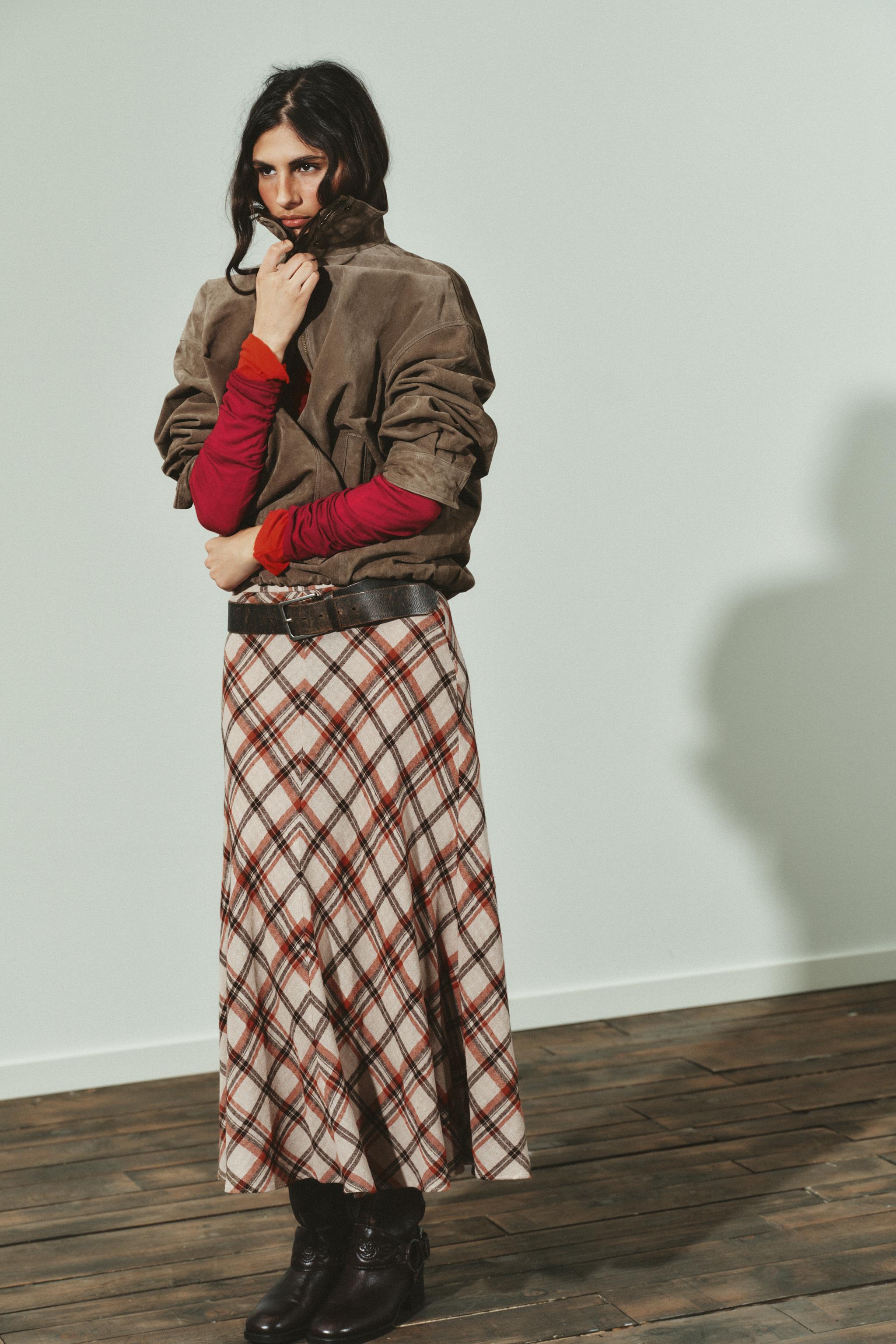 チェック柄ミディ丈スカート - ベージュ/ゴールデンブラウン | ZARA