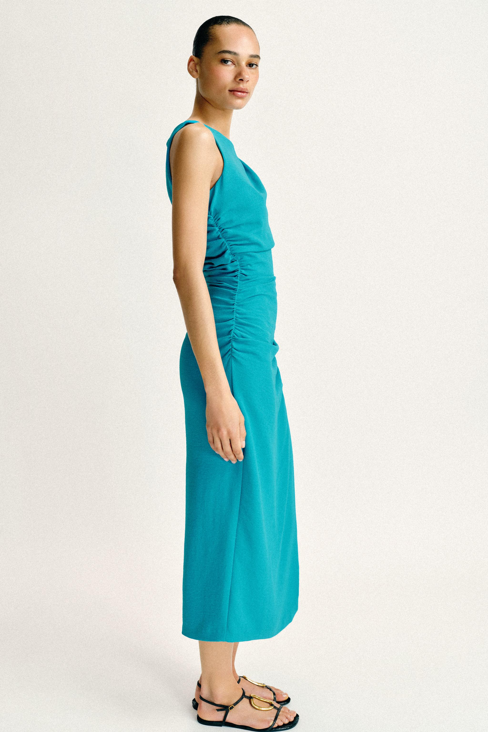 GOLD APPLIQUE DRAPED MIDI DRESS