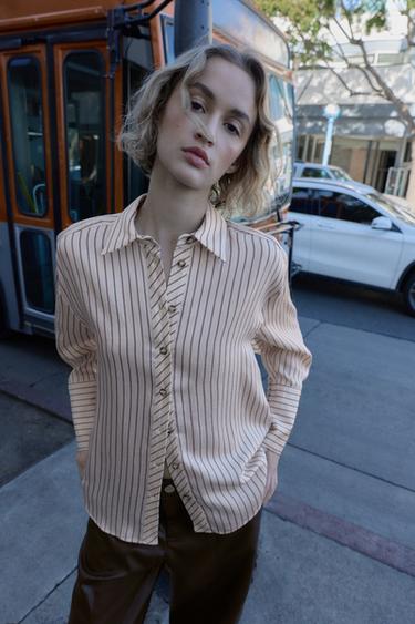 CHEMISE À RAYURES AVEC POIGNETS LARGES - Écru / Grenat de Zara - Image 4