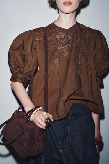 Zara ZW COLLECTION LACE BLOUSE - Brown