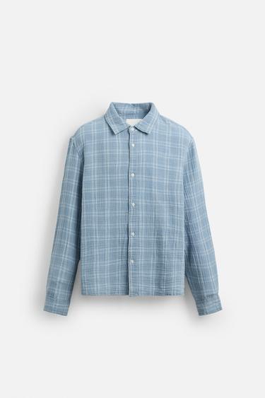 CHEMISE À CARREAUX EFFET PLISSÉ - Bleu clair de Zara - Image 6