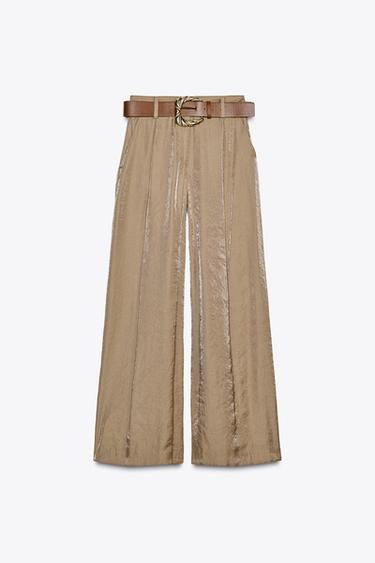 BELTED WIDE-LEG SATIN TROUSERS - Brown / Taupe by Zara - Image 7